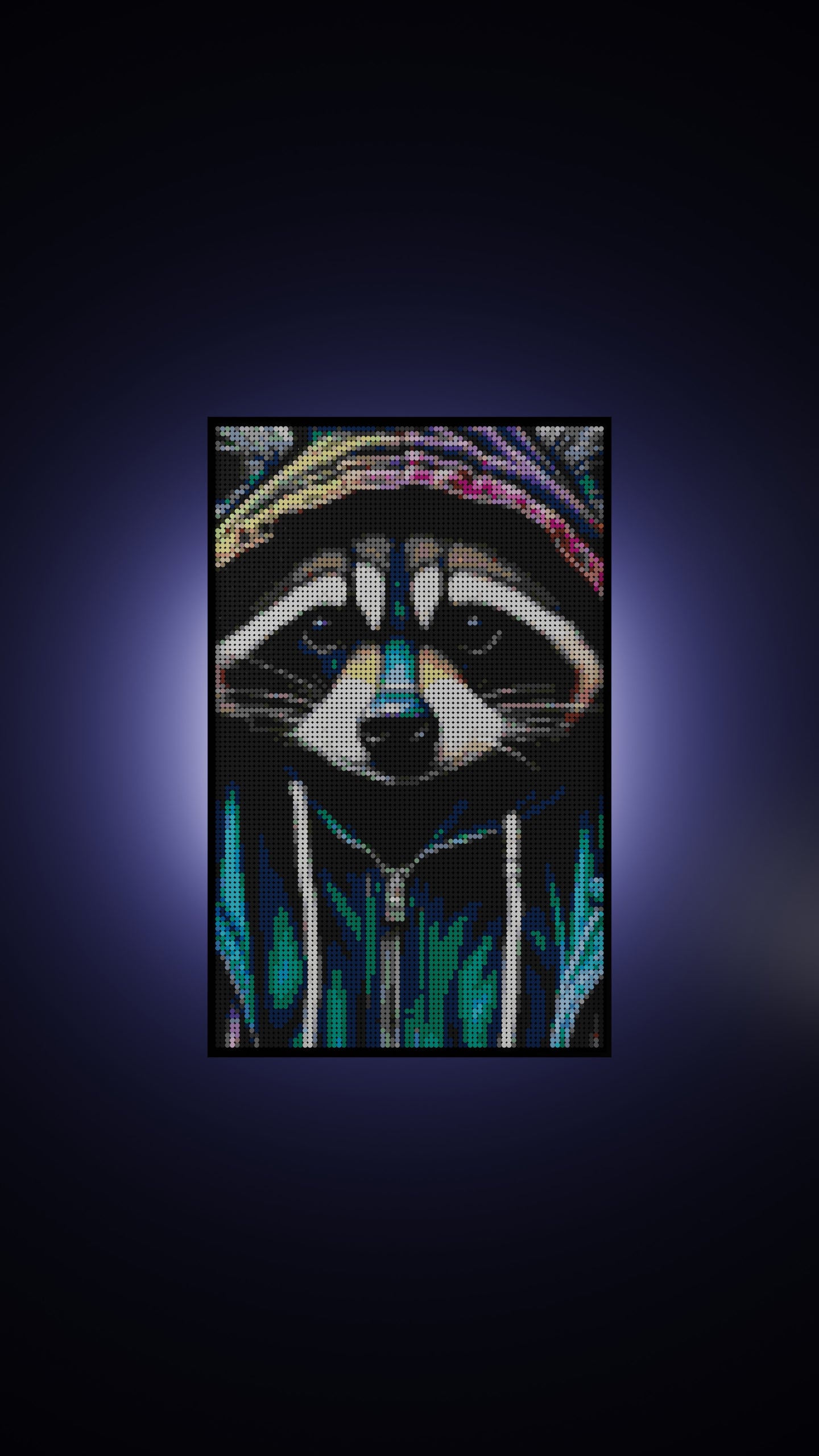 Raccoonaissance LEGO® Style mosaic wall art made from colorful plastic bricks